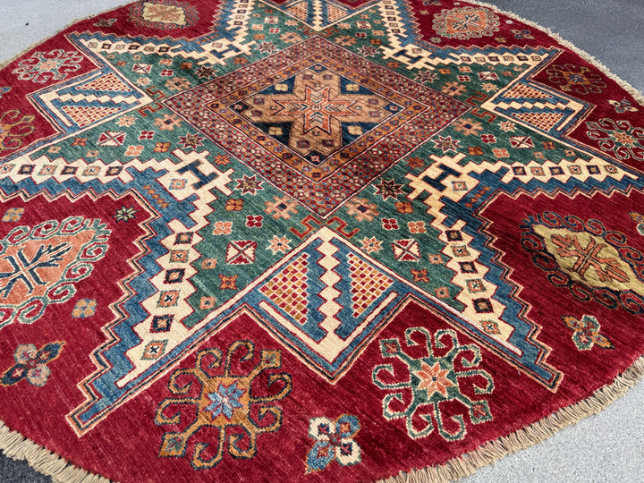 6x6 Round Handmade Afghan Wool Rug | Tribal Star Medallion | Red And Green Area Rug