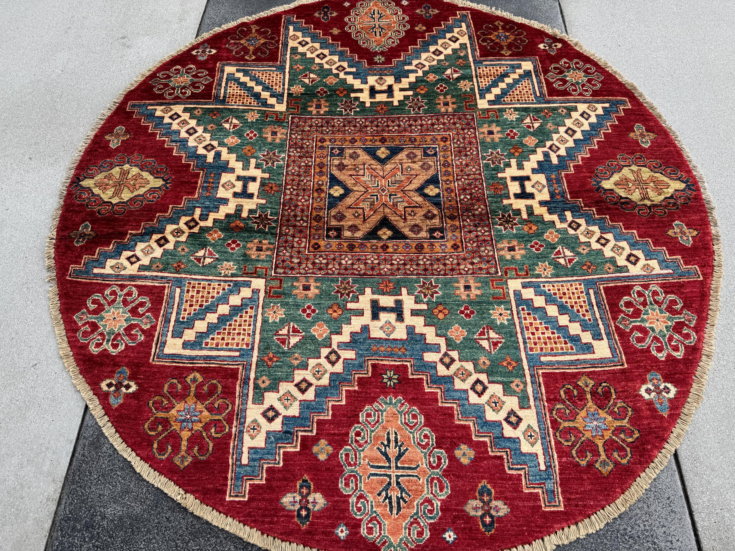 6x6 Round Handmade Afghan Wool Rug | Tribal Star Medallion | Red And Green Area Rug