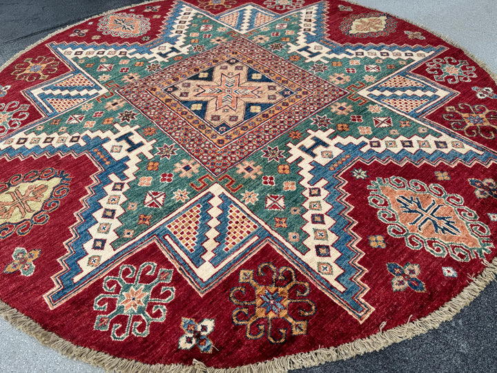 6x6 Round Handmade Afghan Wool Rug | Tribal Star Medallion | Red And Green Area Rug