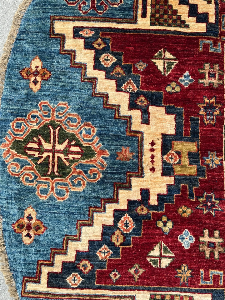 6x6 Round Handmade Round Afghan Wool Rug | Tribal Star Medallion | Red And Blue Area Rug