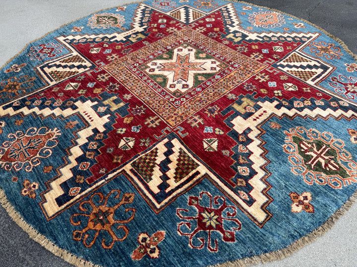 6x6 Round Handmade Round Afghan Wool Rug | Tribal Star Medallion | Red And Blue Area Rug