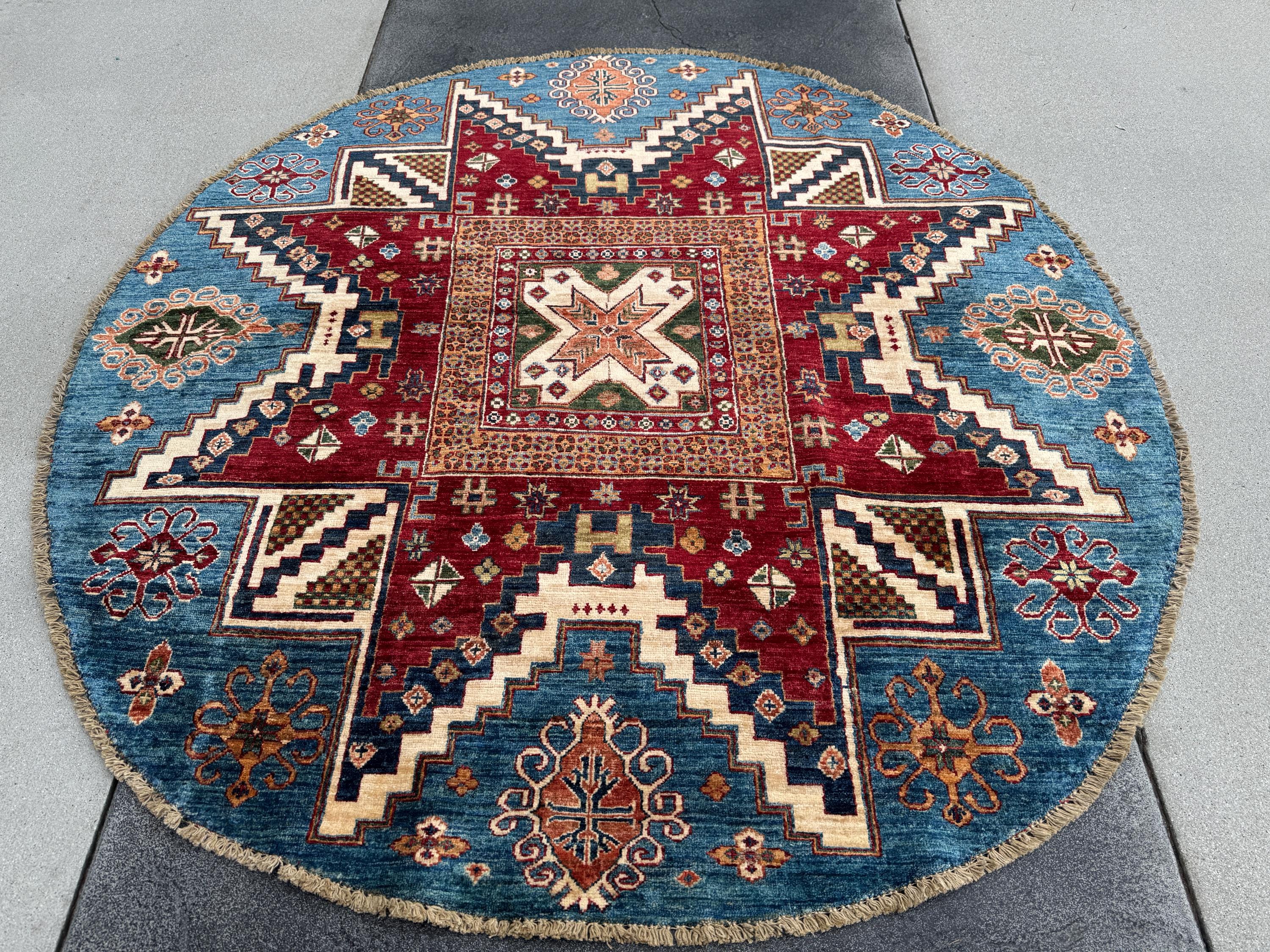 6x6 Round Handmade Round Afghan Wool Rug | Tribal Star Medallion | Red And Blue Area Rug