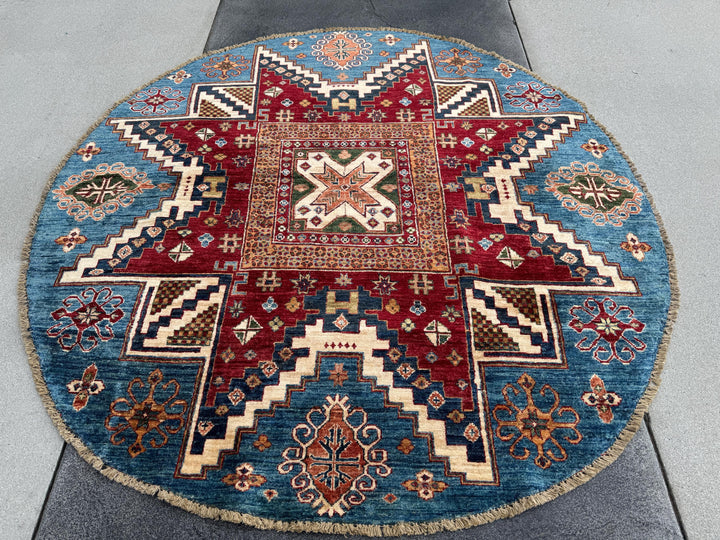 6x6 Round Handmade Round Afghan Wool Rug | Tribal Star Medallion | Red And Blue Area Rug