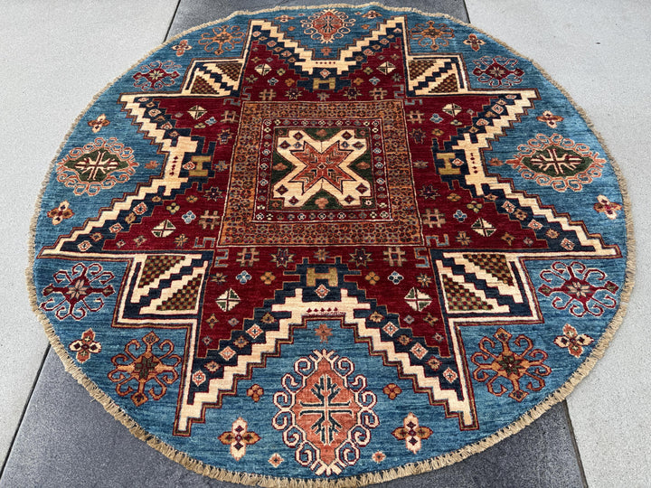 6x6 Round Handmade Round Afghan Wool Rug | Tribal Star Medallion | Red And Blue Area Rug