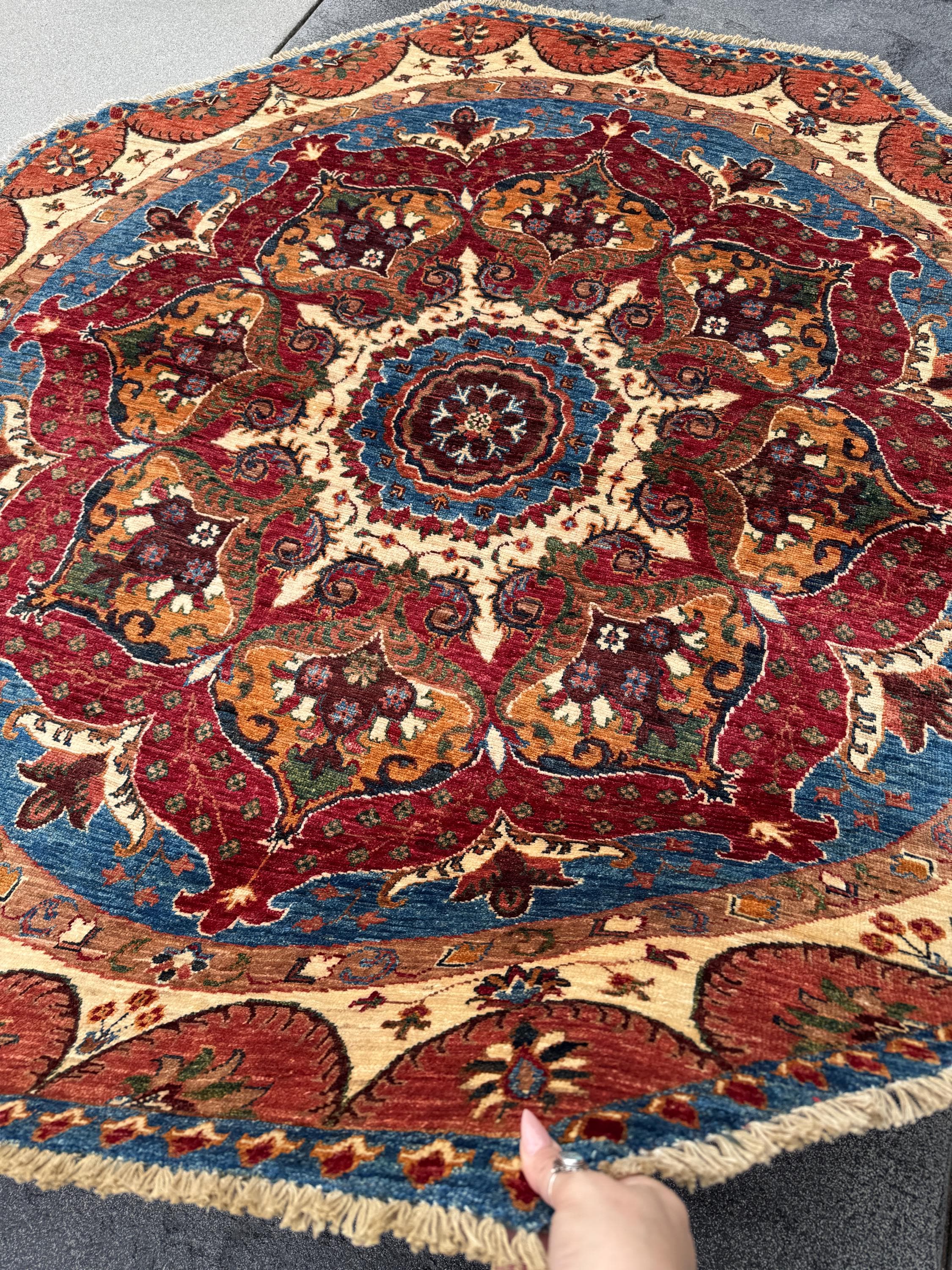 6x6 Round Handmade Afghan Wool Rug | Scalloped Floral Medallion | Red And Blue Tribal Rug