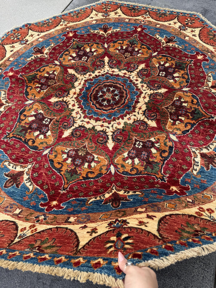 6x6 Round Handmade Afghan Wool Rug | Scalloped Floral Medallion | Red And Blue Tribal Rug