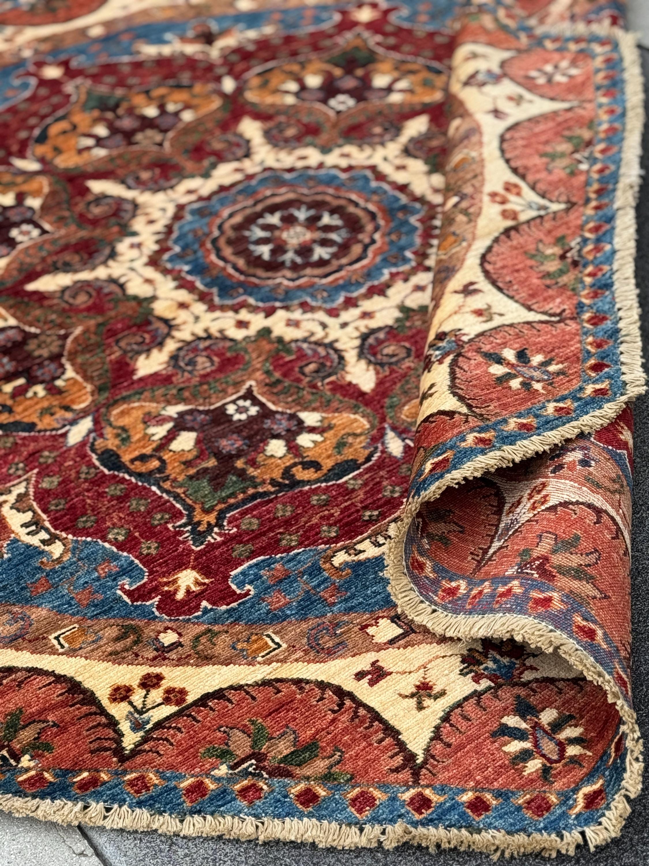 6x6 Round Handmade Afghan Wool Rug | Scalloped Floral Medallion | Red And Blue Tribal Rug