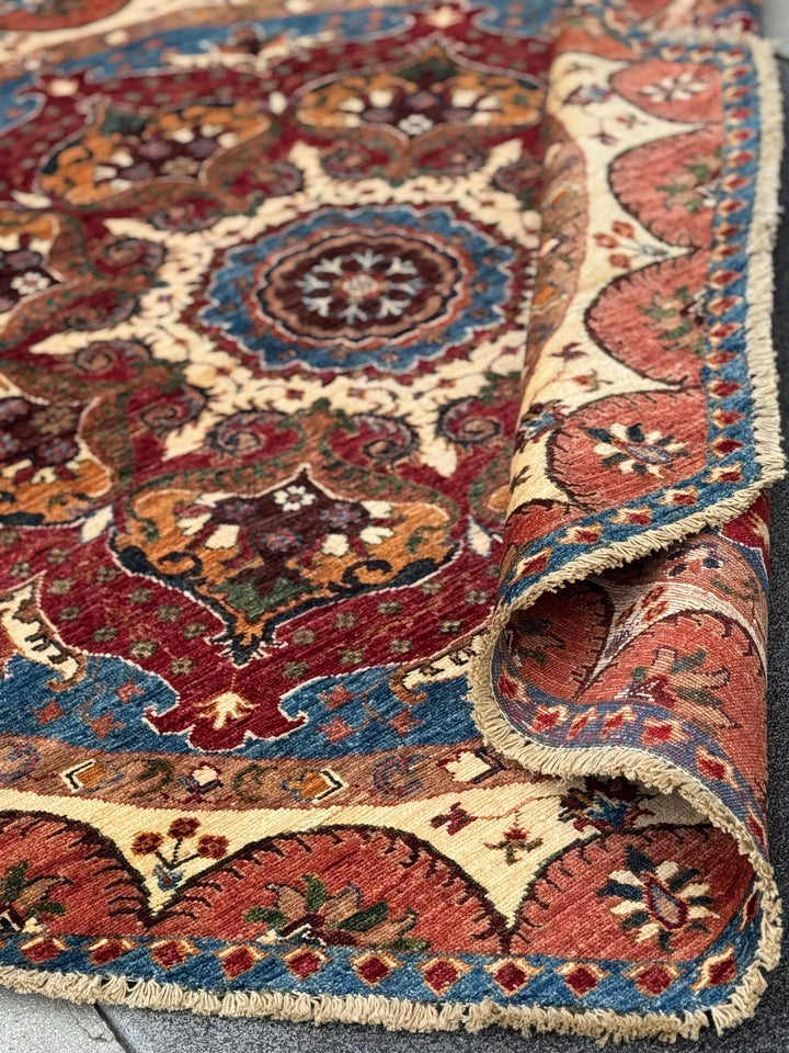 6x6 Round Handmade Afghan Wool Rug | Scalloped Floral Medallion | Red And Blue Tribal Rug