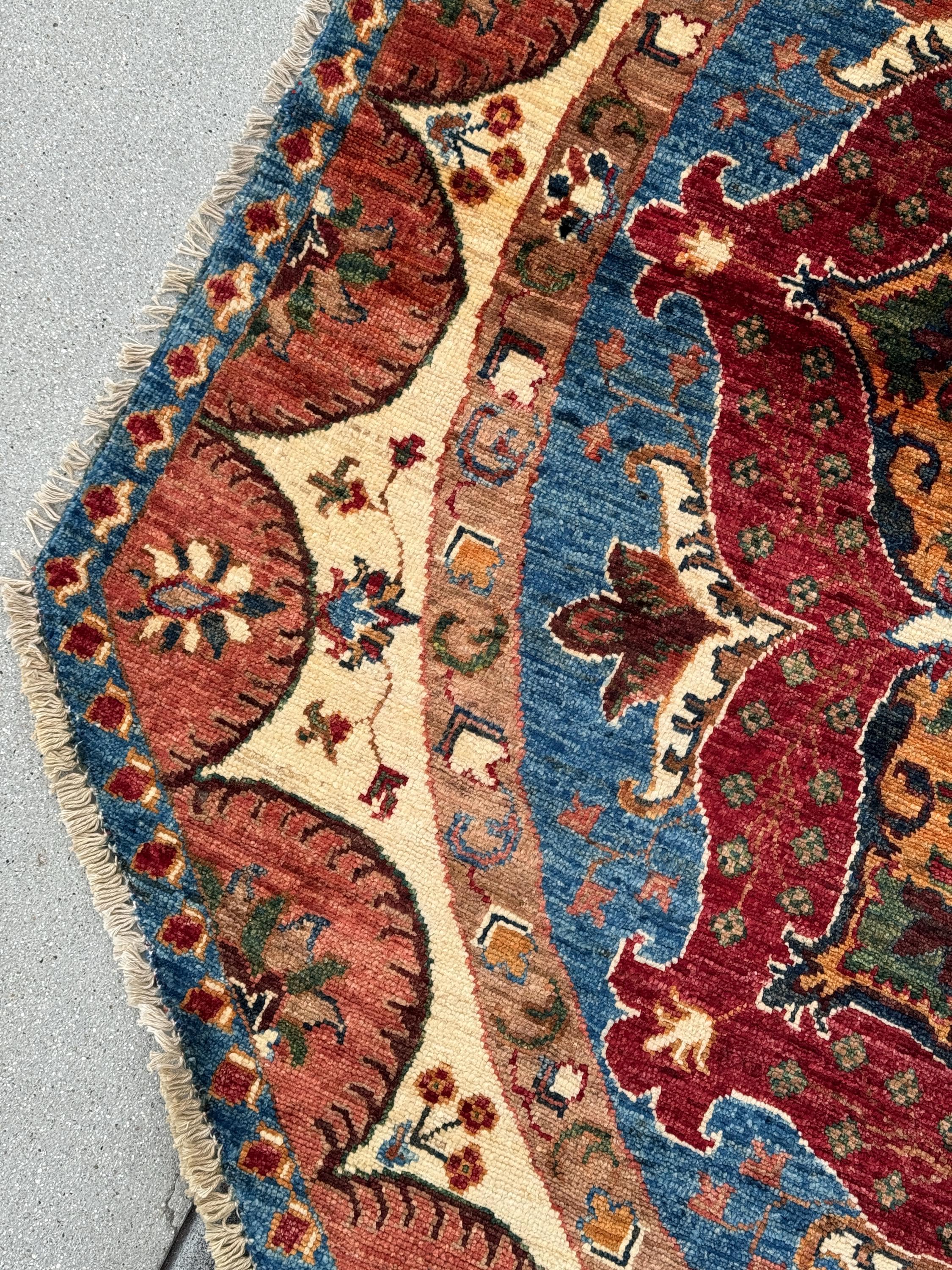 6x6 Round Handmade Afghan Wool Rug | Scalloped Floral Medallion | Red And Blue Tribal Rug