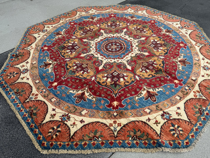 6x6 Round Handmade Afghan Wool Rug | Scalloped Floral Medallion | Red And Blue Tribal Rug