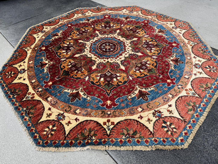 6x6 Round Handmade Afghan Wool Rug | Scalloped Floral Medallion | Red And Blue Tribal Rug