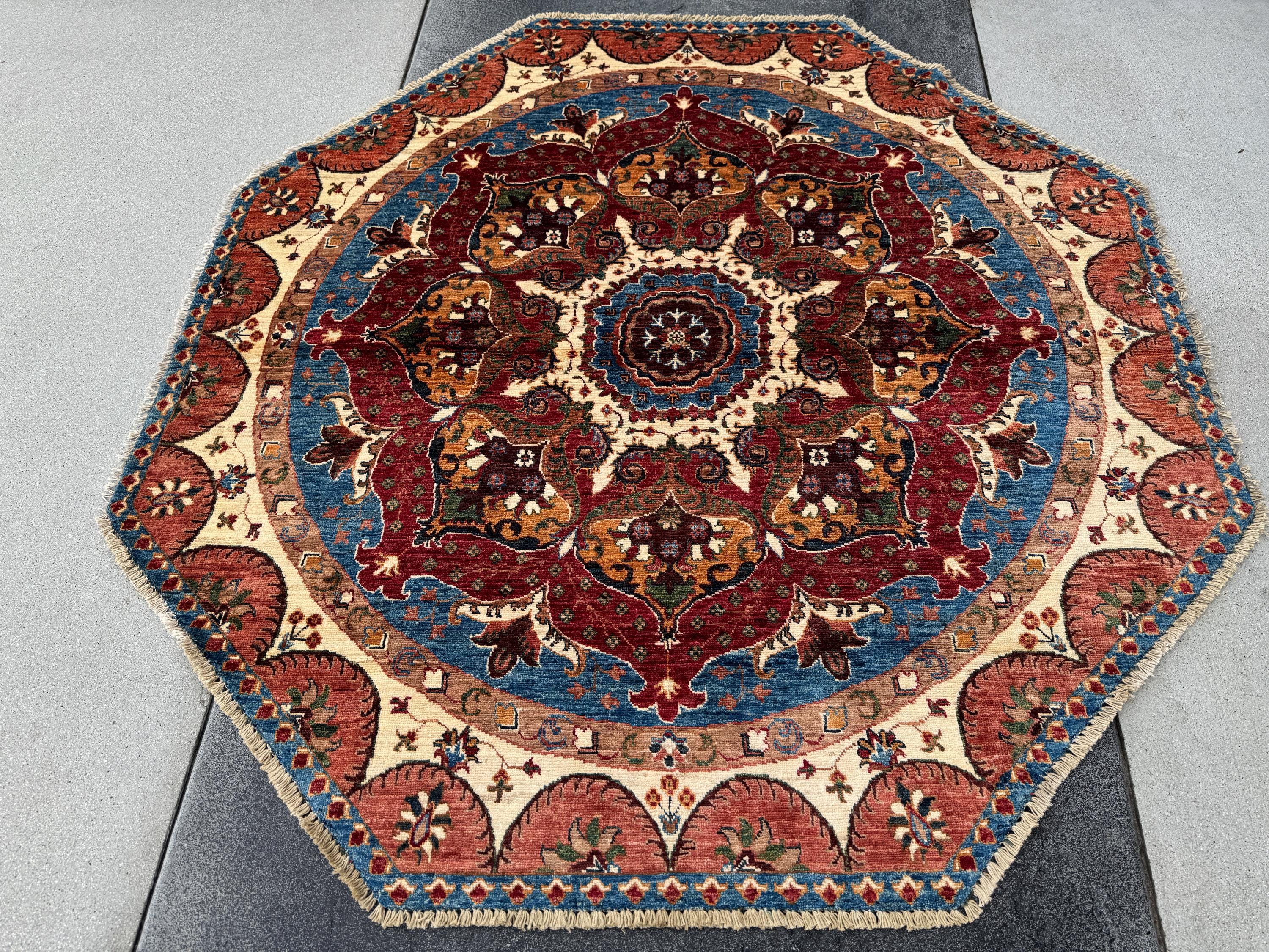 6x6 Round Handmade Afghan Wool Rug | Scalloped Floral Medallion | Red And Blue Tribal Rug