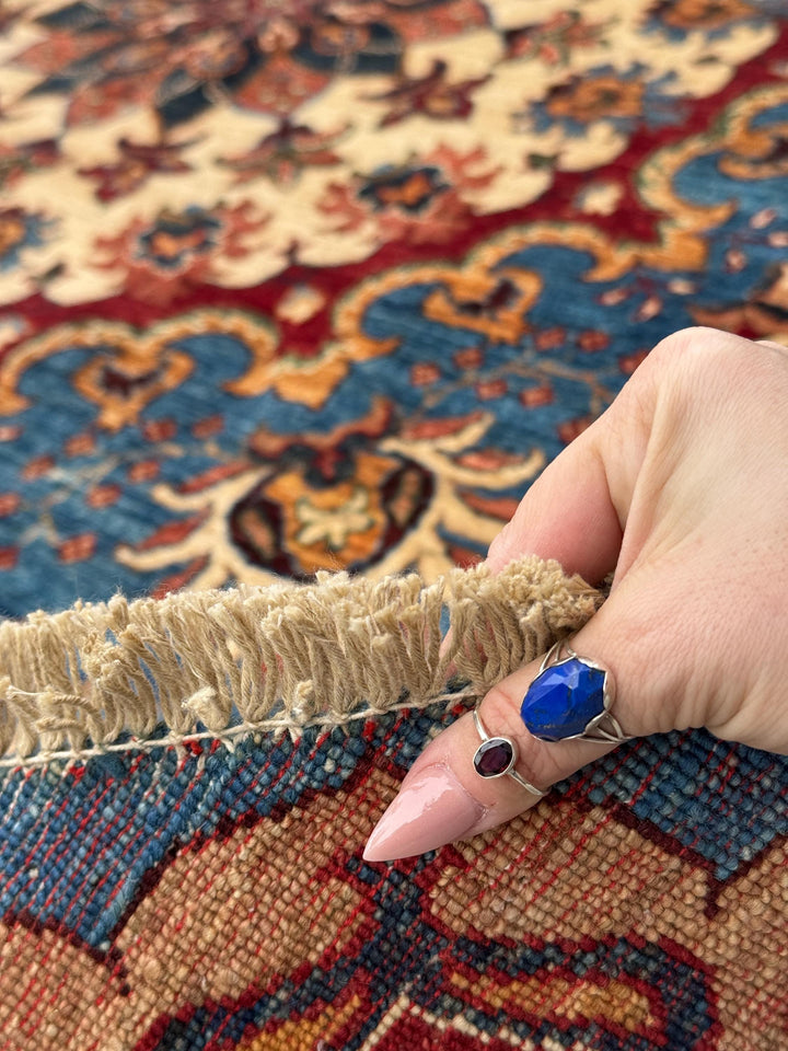 9x9 Round Handmade Afghan Wool Rug | Ornate Floral Medallion | Blue And Red Area Rug