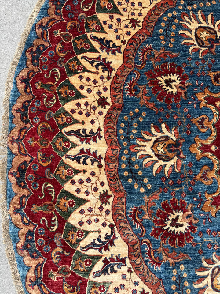 9x9 Round Handmade Afghan Wool Rug | Ornate Floral Medallion | Blue And Red Area Rug