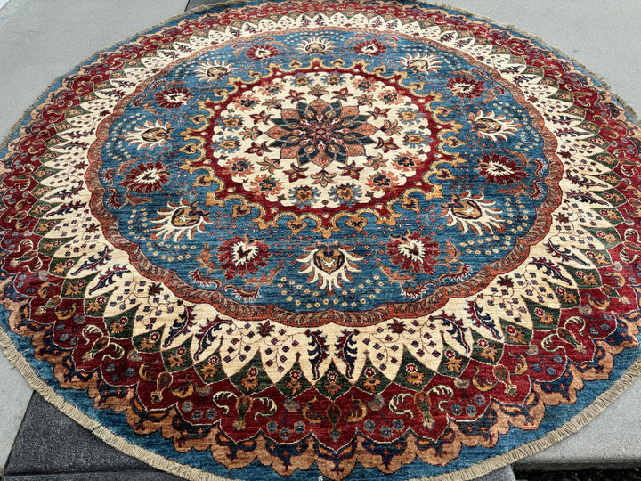9x9 Round Handmade Afghan Wool Rug | Ornate Floral Medallion | Blue And Red Area Rug