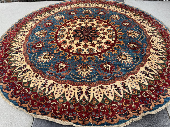 9x9 Round Handmade Afghan Wool Rug | Ornate Floral Medallion | Blue And Red Area Rug