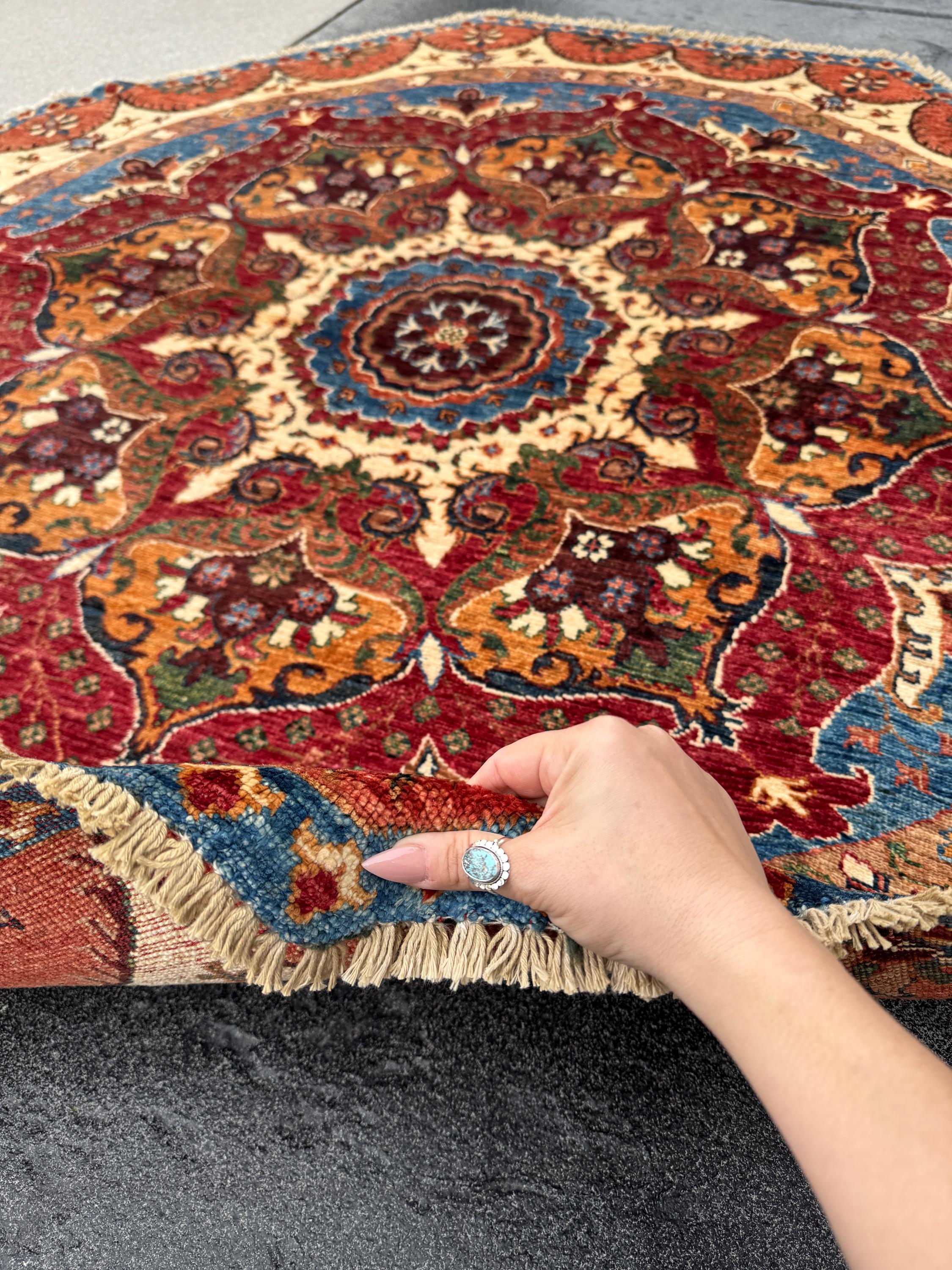 6x6 Round Handmade Afghan Wool Rug | Scalloped Floral Medallion | Red And Blue Tribal Rug