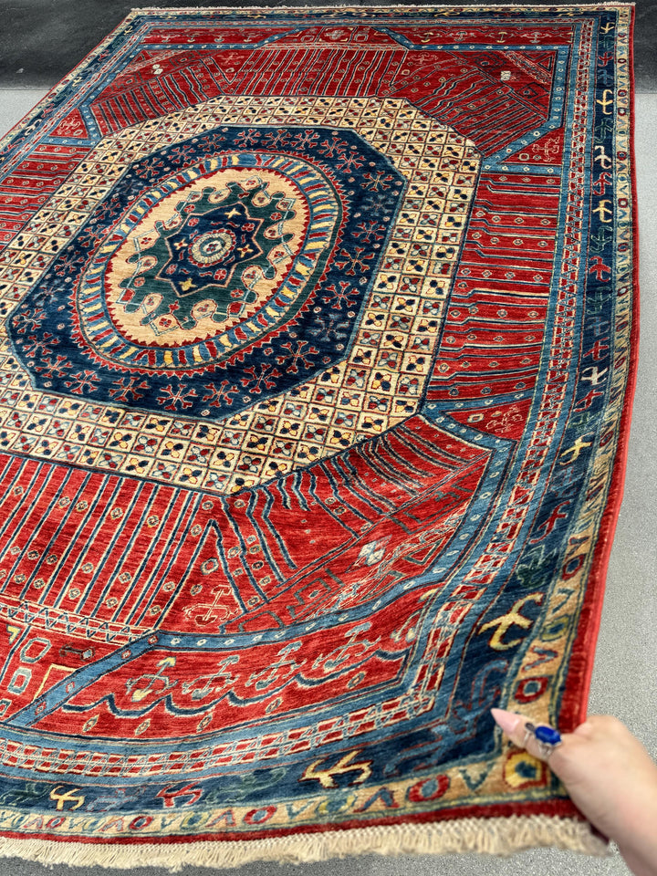 9x12 Handmade Afghan Wool Rug | Bold Tribal Medallion | Red And Blue Area Rug