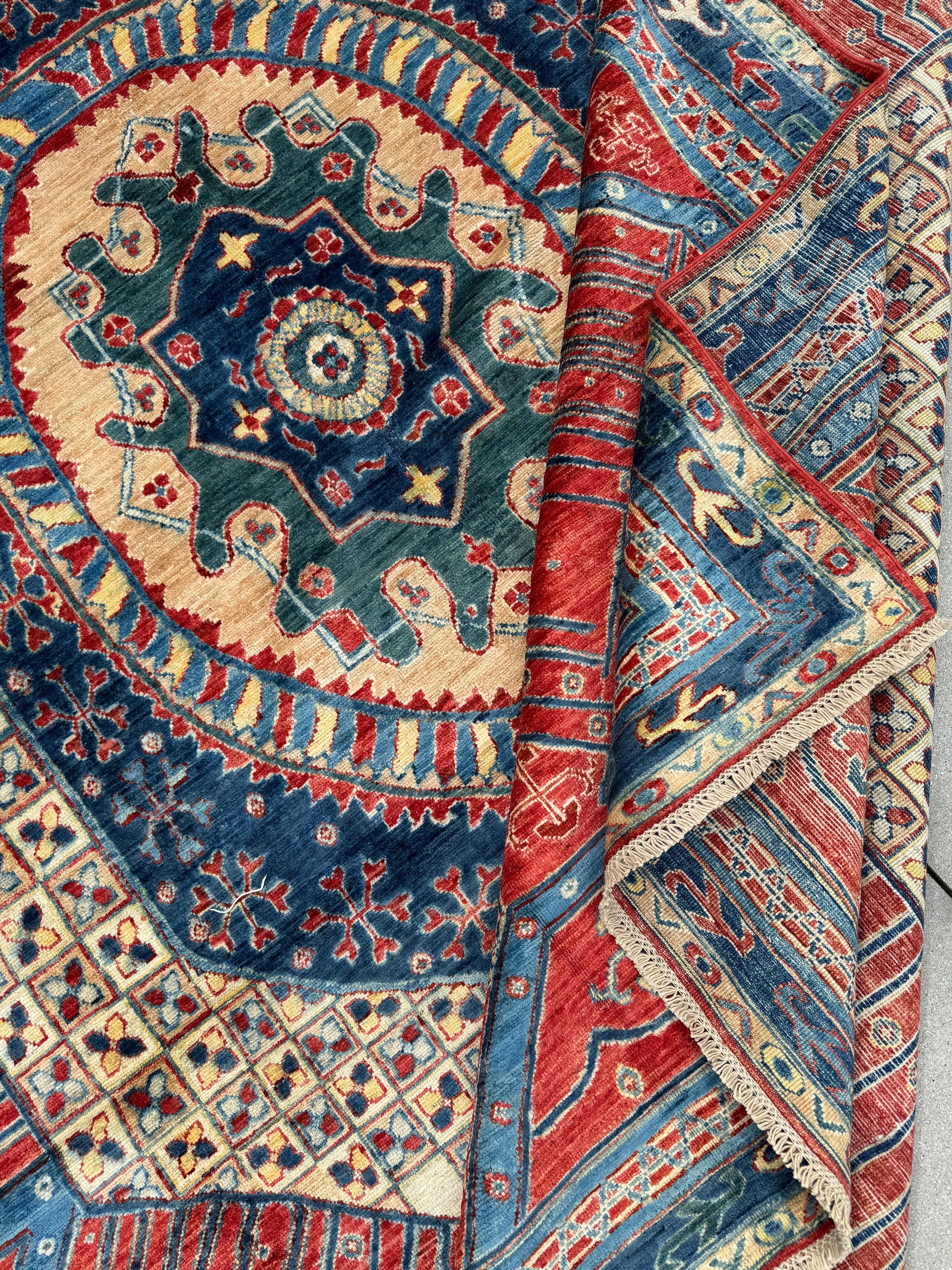 9x12 Handmade Afghan Wool Rug | Bold Tribal Medallion | Red And Blue Area Rug