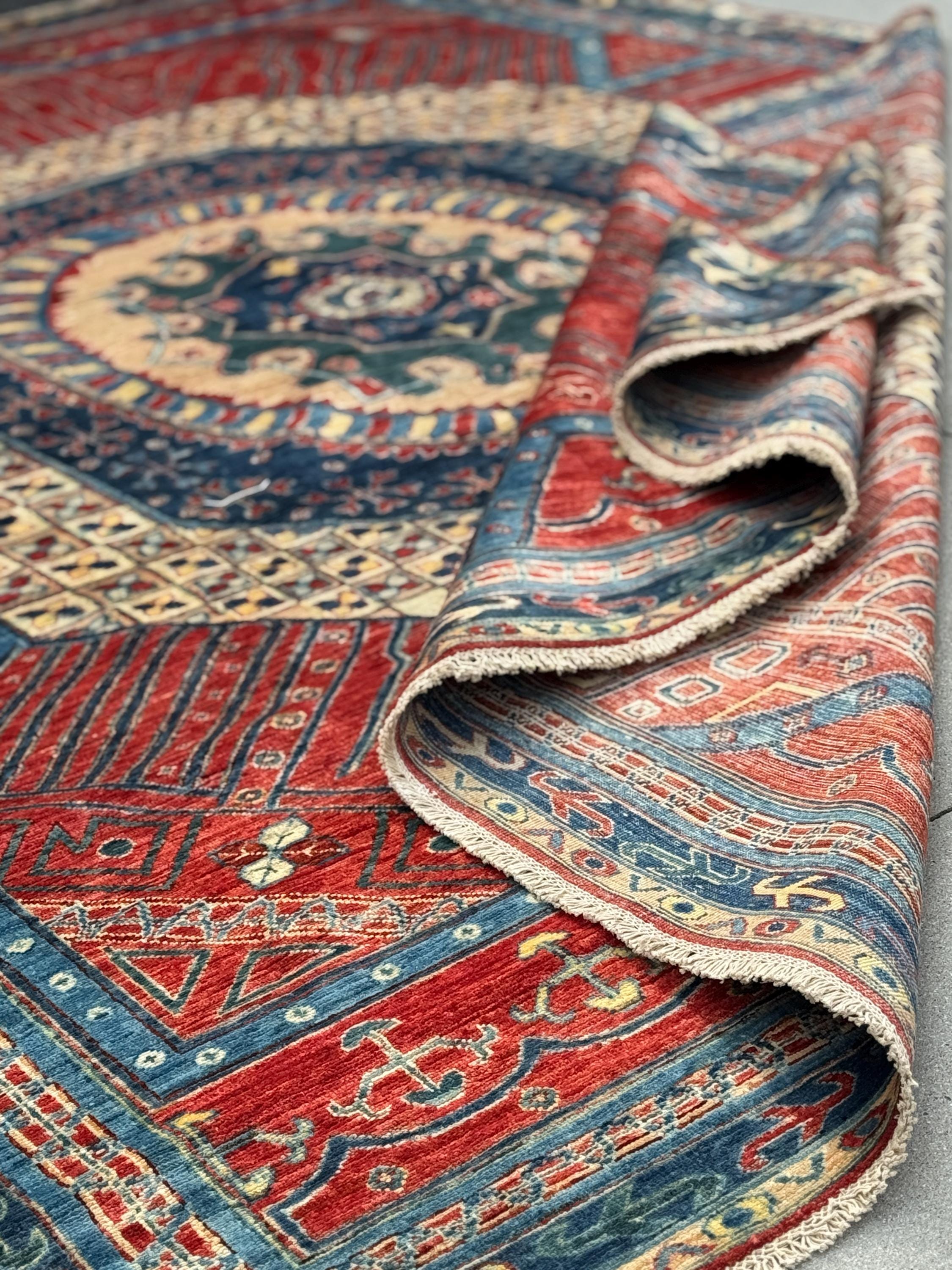 9x12 Handmade Afghan Wool Rug | Bold Tribal Medallion | Red And Blue Area Rug