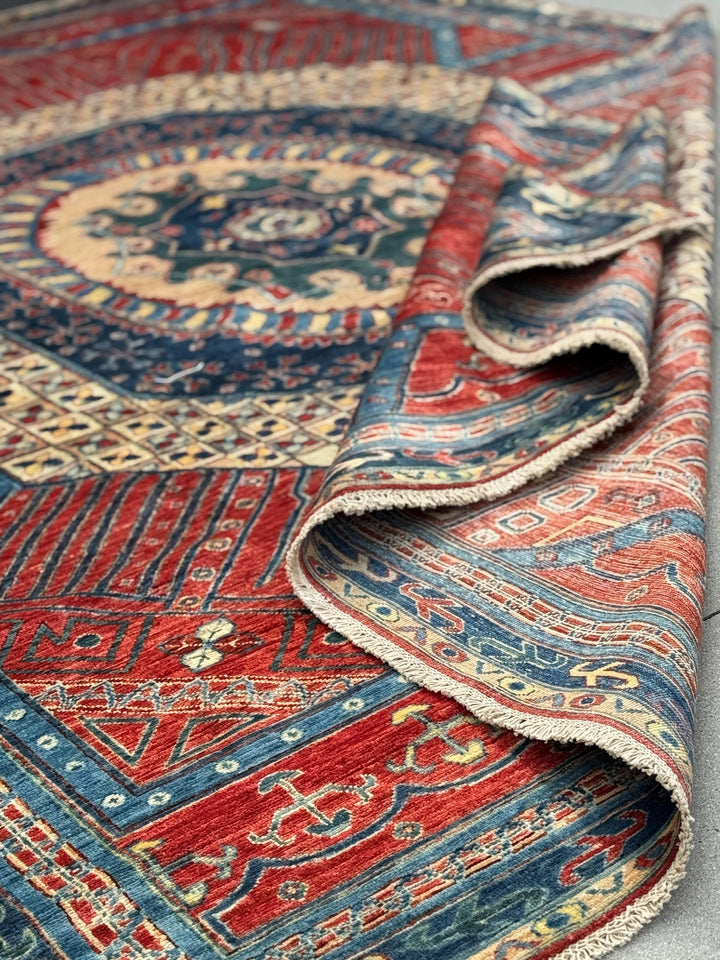 9x12 Handmade Afghan Wool Rug | Bold Tribal Medallion | Red And Blue Area Rug