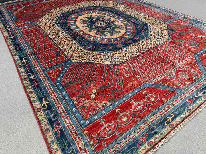 9x12 Handmade Afghan Wool Rug | Bold Tribal Medallion | Red And Blue Area Rug