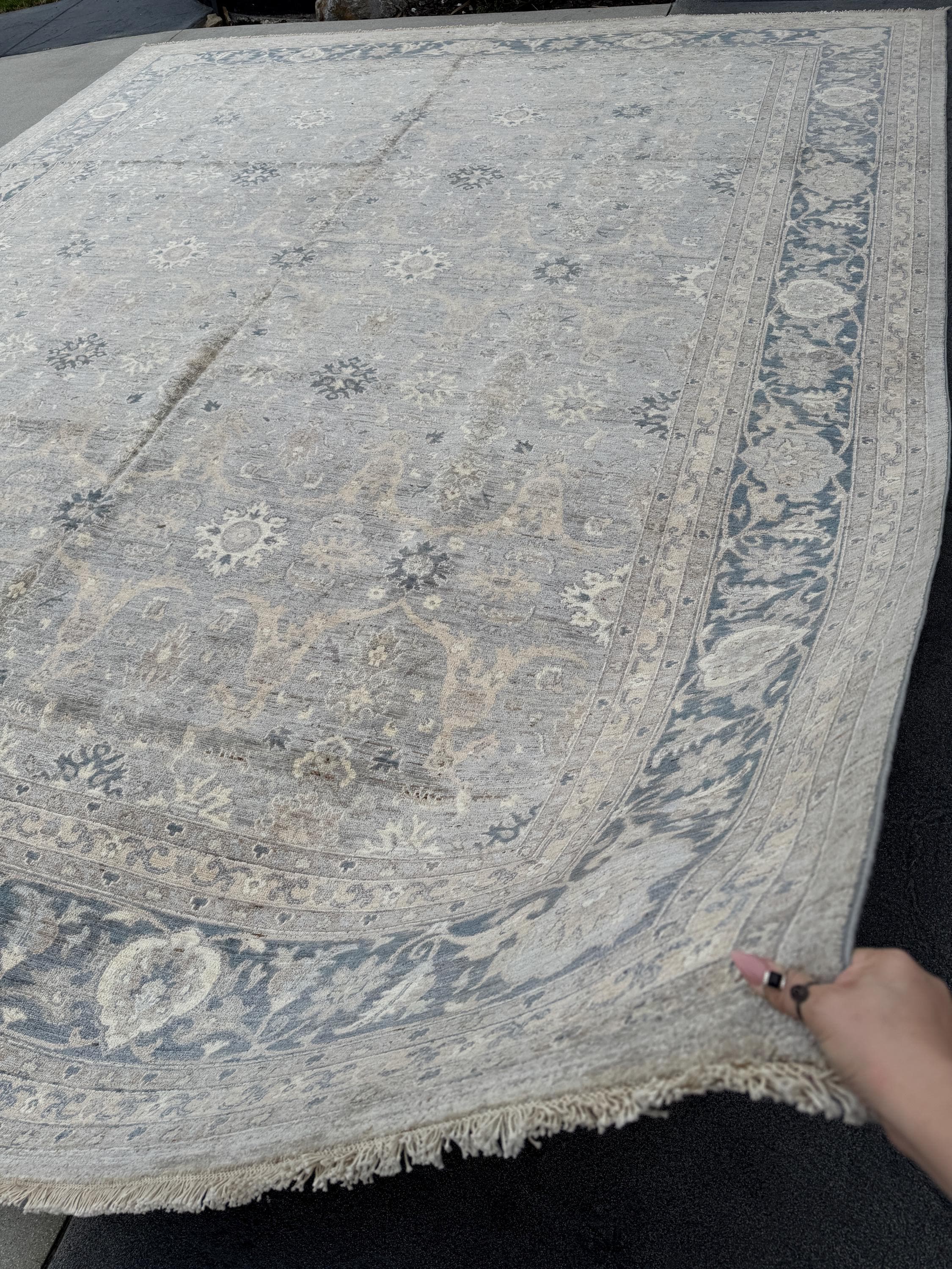 12x15 Handmade Afghan Wool Rug | Subtle Floral Pattern | Neutral Gray And Blue Large Oversized Area Rug