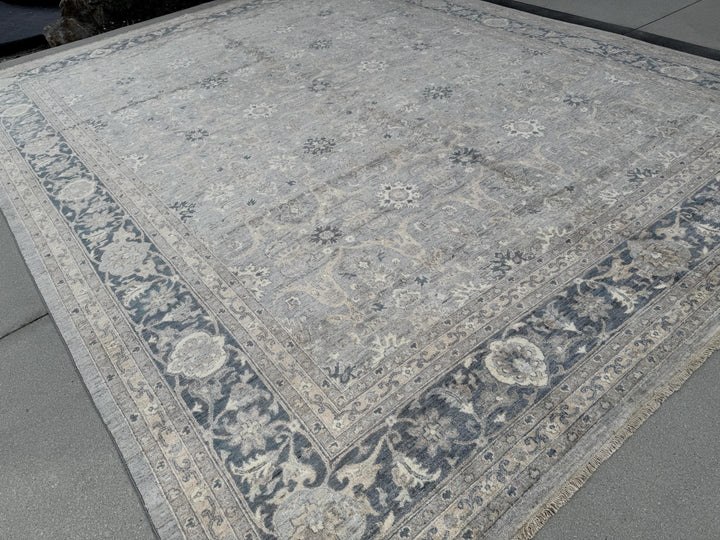 12x15 Handmade Afghan Wool Rug | Subtle Floral Pattern | Neutral Gray And Blue Large Oversized Area Rug