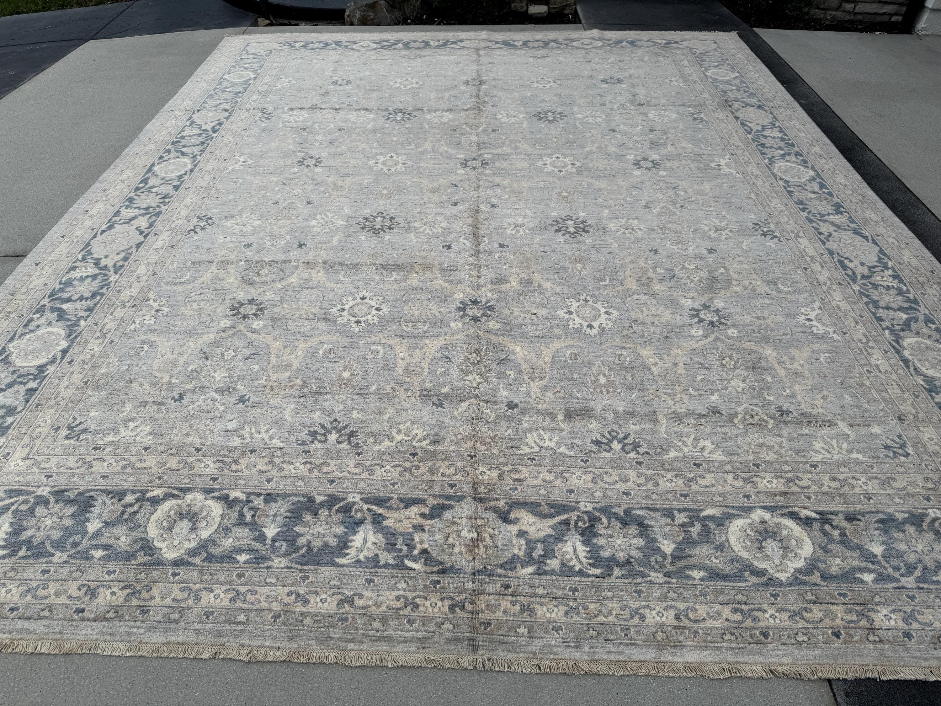 12x15 Handmade Afghan Wool Rug | Subtle Floral Pattern | Neutral Gray And Blue Large Oversized Area Rug