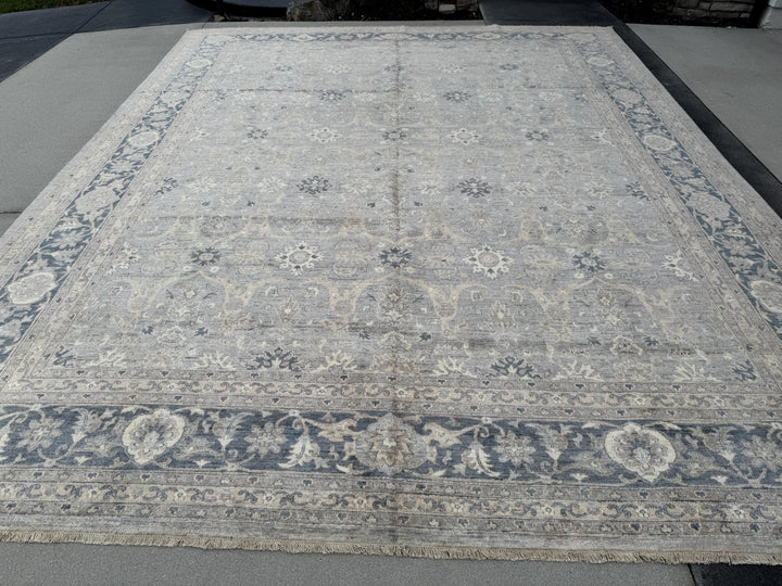 12x15 Handmade Afghan Wool Rug | Subtle Floral Pattern | Neutral Gray And Blue Large Oversized Area Rug