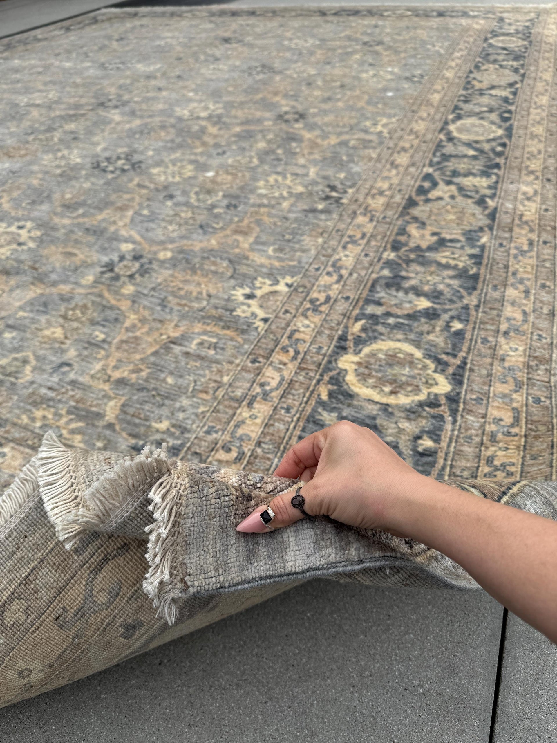 12x15 Handmade Afghan Wool Rug | Subtle Floral Pattern | Neutral Gray And Blue Large Oversized Area Rug