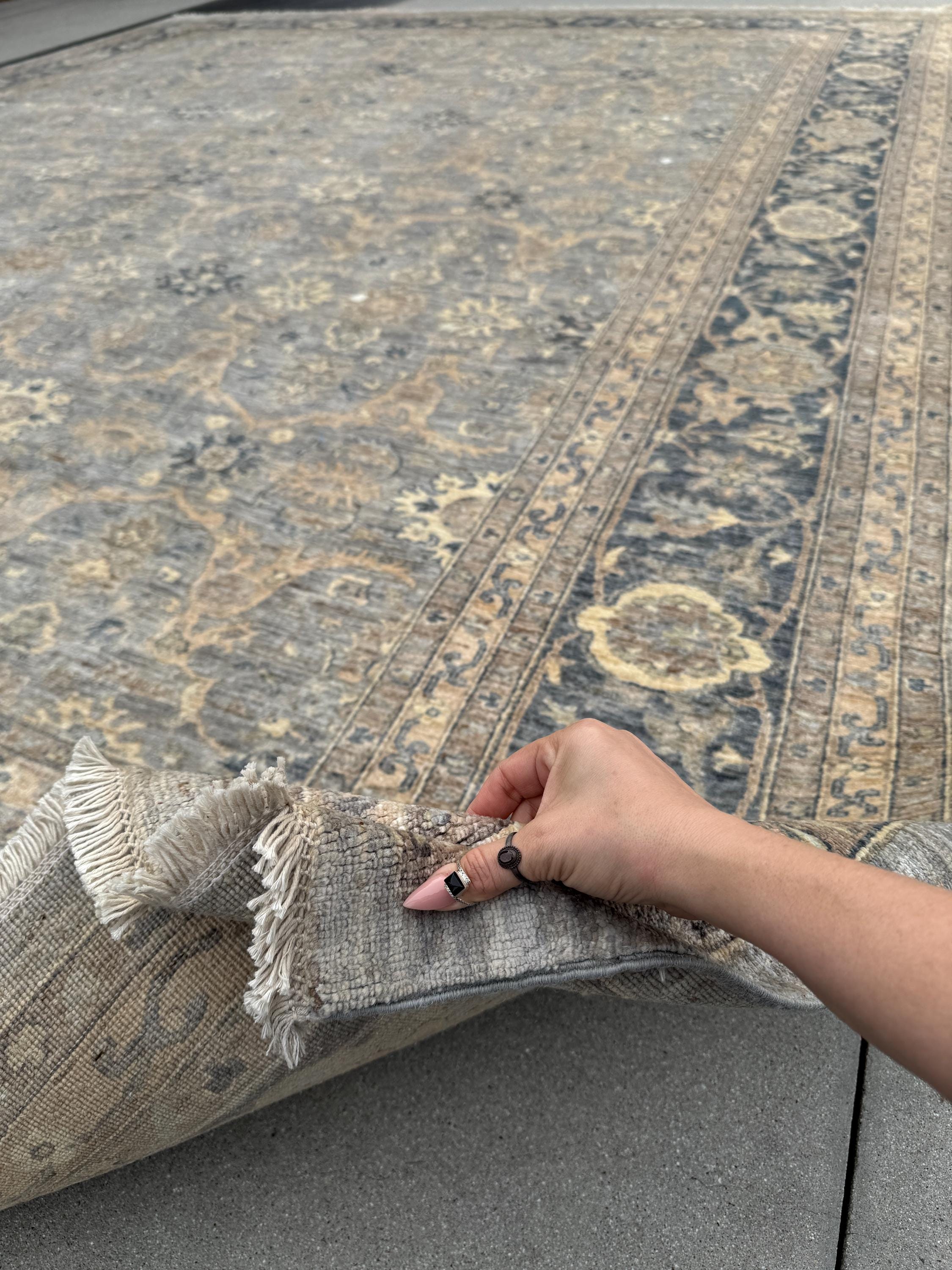 12x15 Handmade Afghan Wool Rug | Subtle Floral Pattern | Neutral Gray And Blue Large Oversized Area Rug