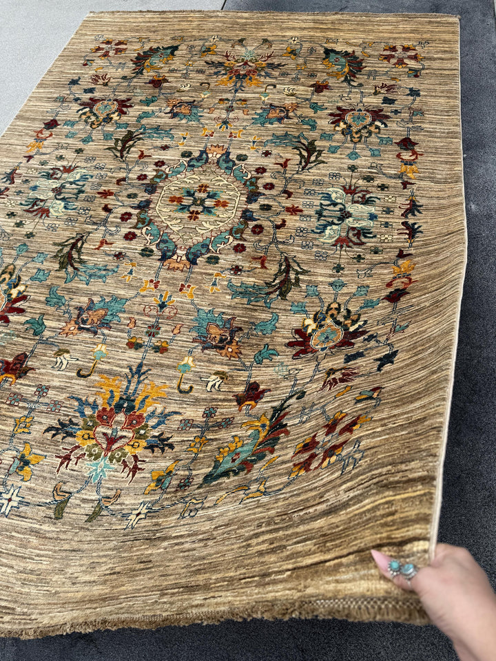 6x8 Handmade Afghan Wool Rug | Floral Vine Design | Neutral Beige And Teal Area Rug