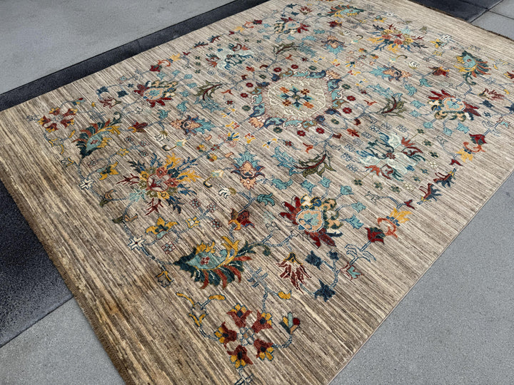 6x8 Handmade Afghan Wool Rug | Floral Vine Design | Neutral Beige And Teal Area Rug