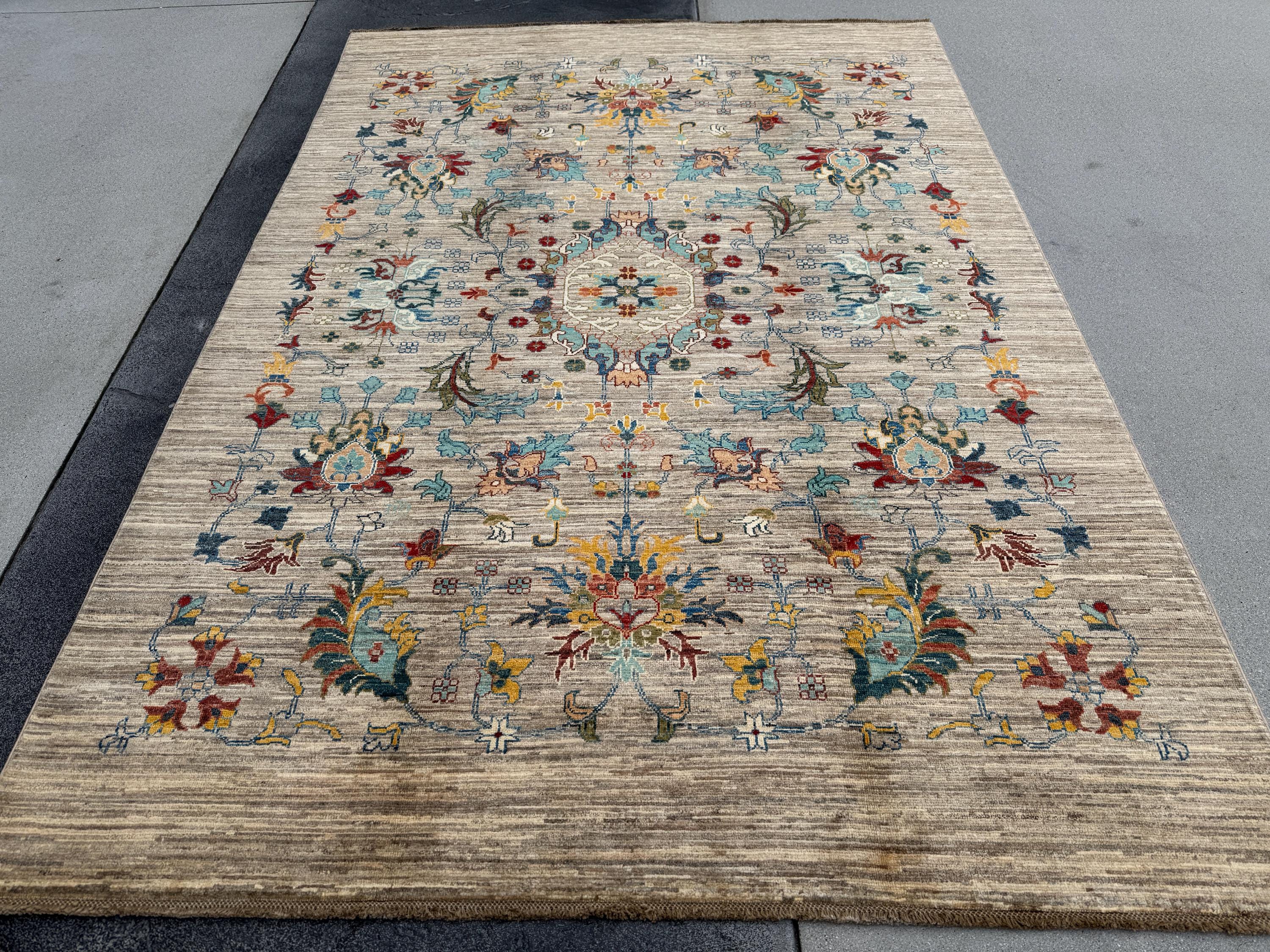 6x8 Handmade Afghan Wool Rug | Floral Vine Design | Neutral Beige And Teal Area Rug