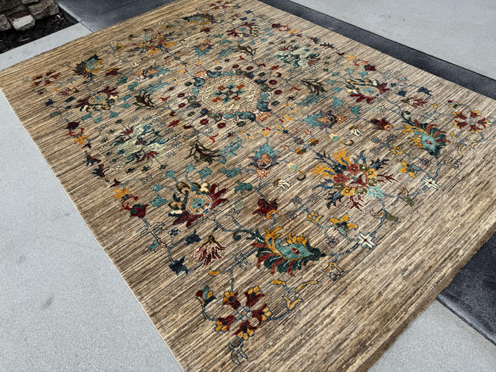 6x8 Handmade Afghan Wool Rug | Floral Vine Design | Neutral Beige And Teal Area Rug
