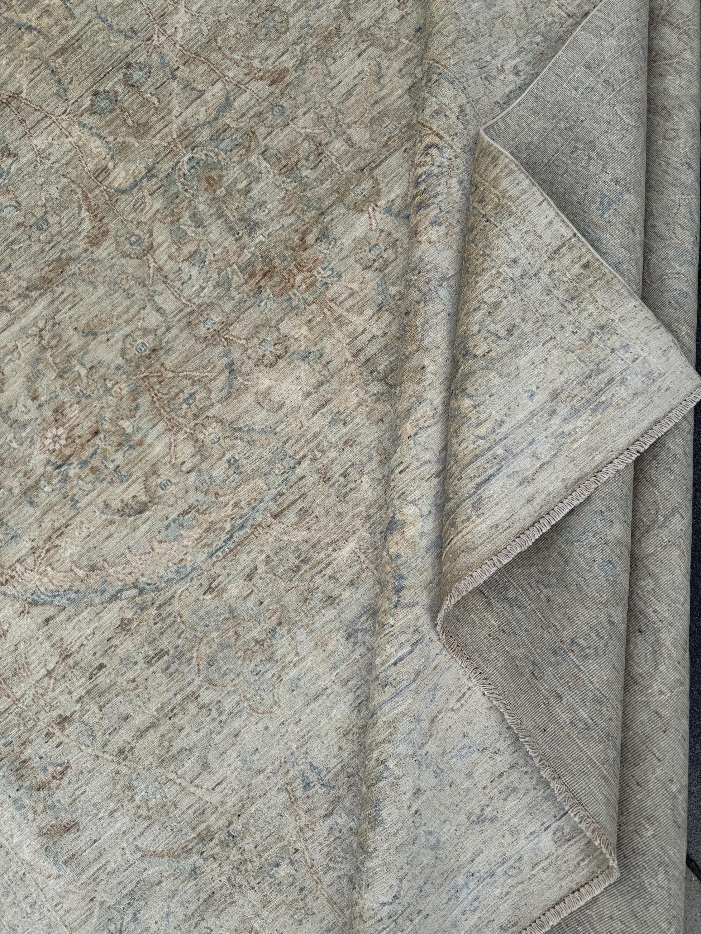 9x12 Handmade Afghan Wool Rug | Soft Neutral Muted Floral Design | Beige And Blue Area Rug