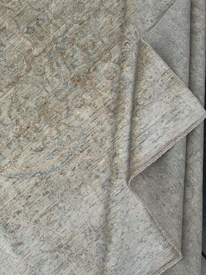 9x12 Handmade Afghan Wool Rug | Soft Neutral Muted Floral Design | Beige And Blue Area Rug