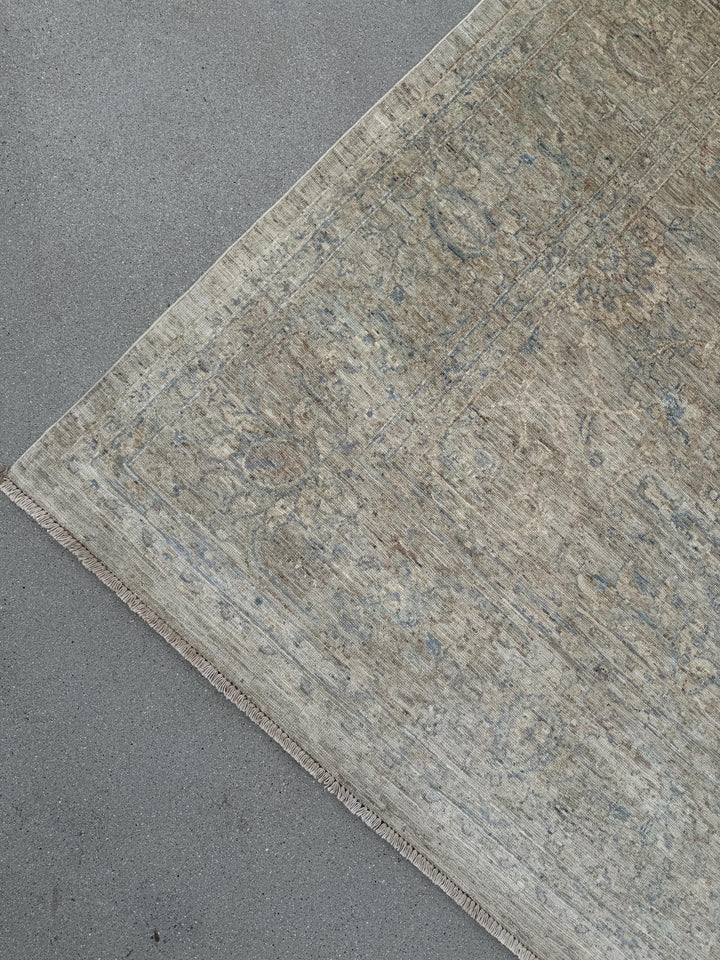 9x12 Handmade Afghan Wool Rug | Soft Neutral Muted Floral Design | Beige And Blue Area Rug