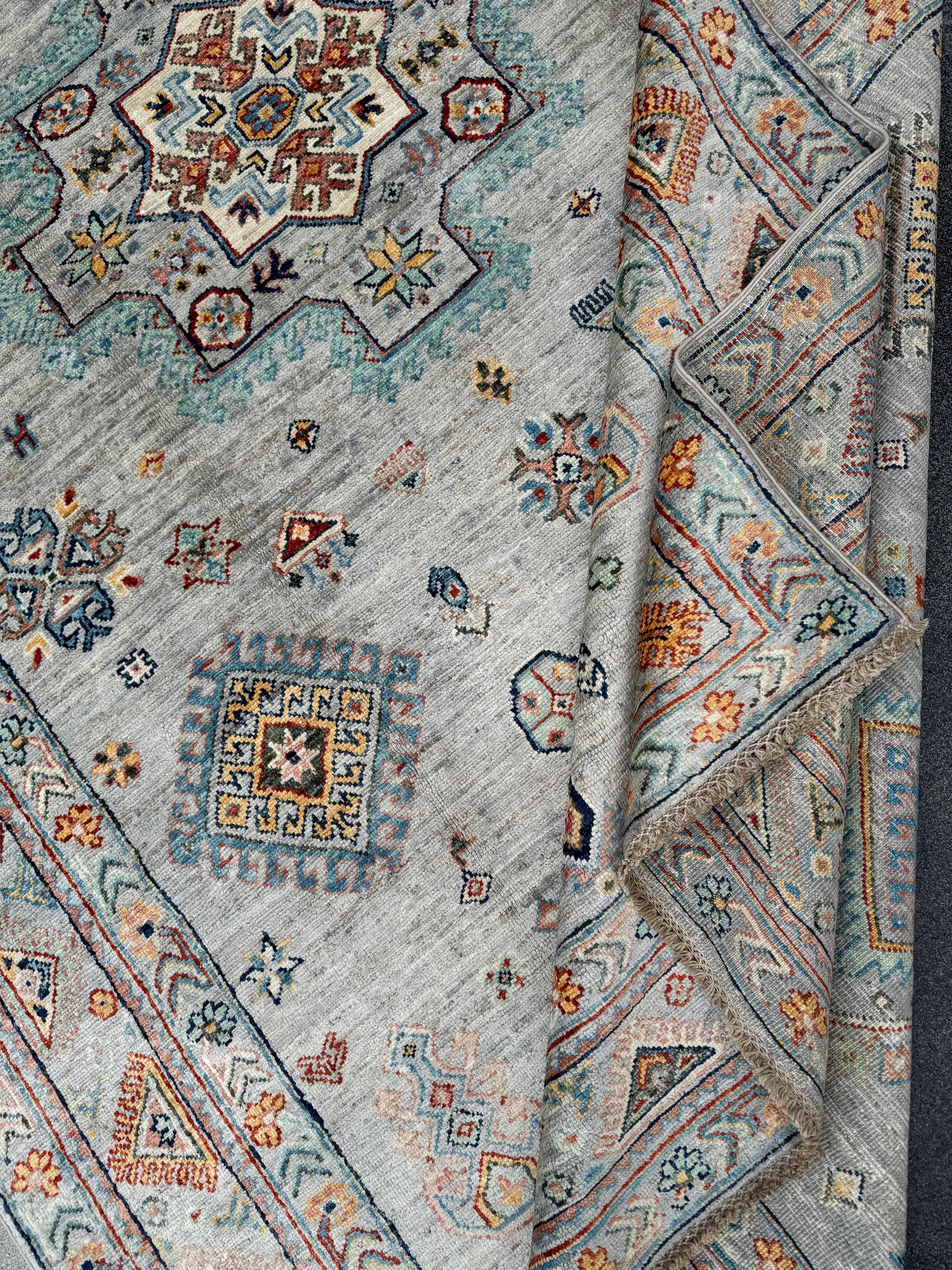 6x10 Handmade Afghan Wool Rug | Soft Gray Tribal Medallion | Vintage Style Kazak Area Rug