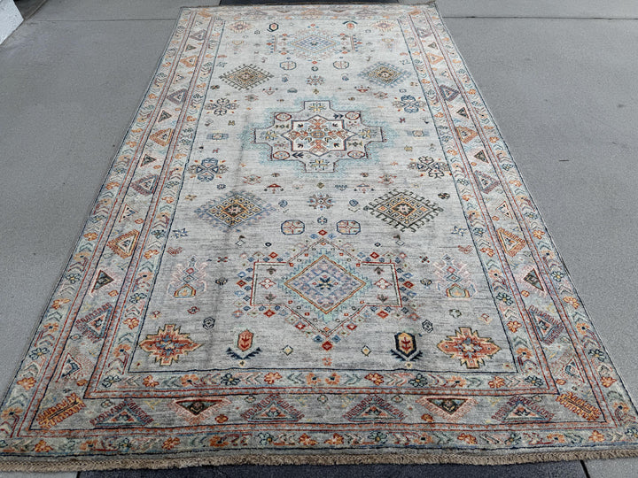 6x10 Handmade Afghan Wool Rug | Soft Gray Tribal Medallion | Vintage Style Kazak Area Rug