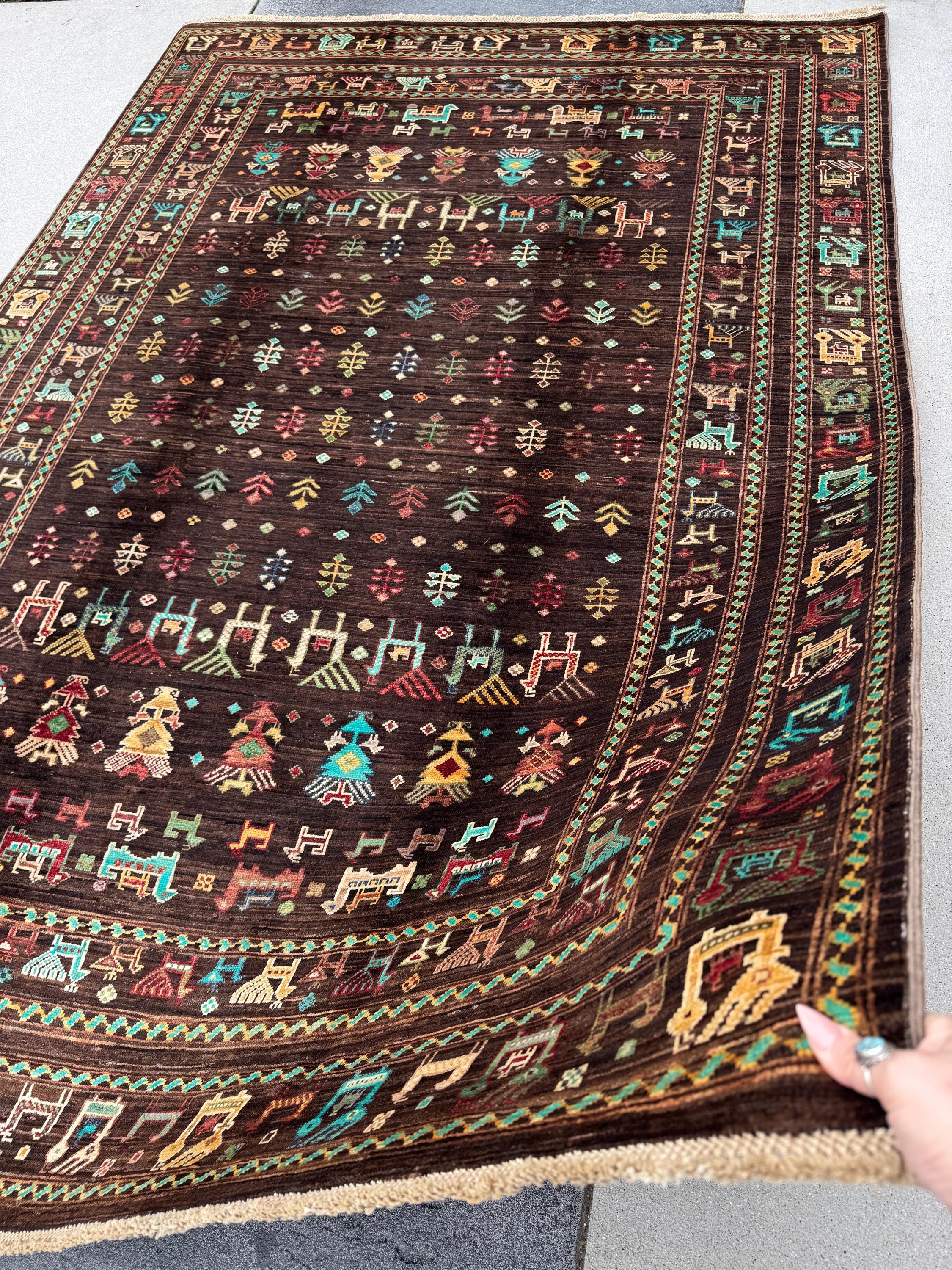 6x8 Handmade Afghan Wool Rug | Dark Brown Gabbeh Tribal Nomadic Design | Vintage Style Animals Folklore Area Rug