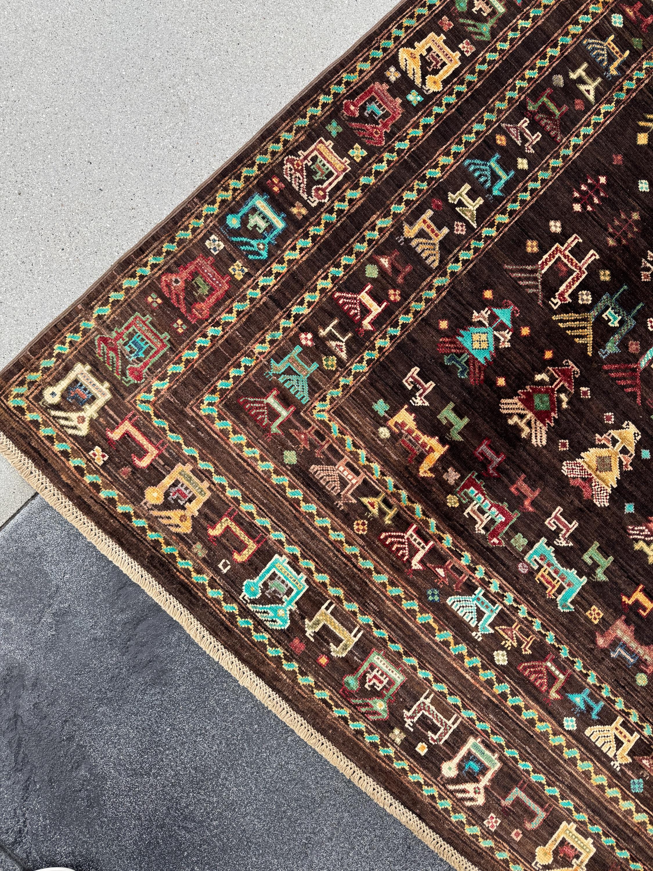 6x8 Handmade Afghan Wool Rug | Dark Brown Gabbeh Tribal Nomadic Design | Vintage Style Animals Folklore Area Rug