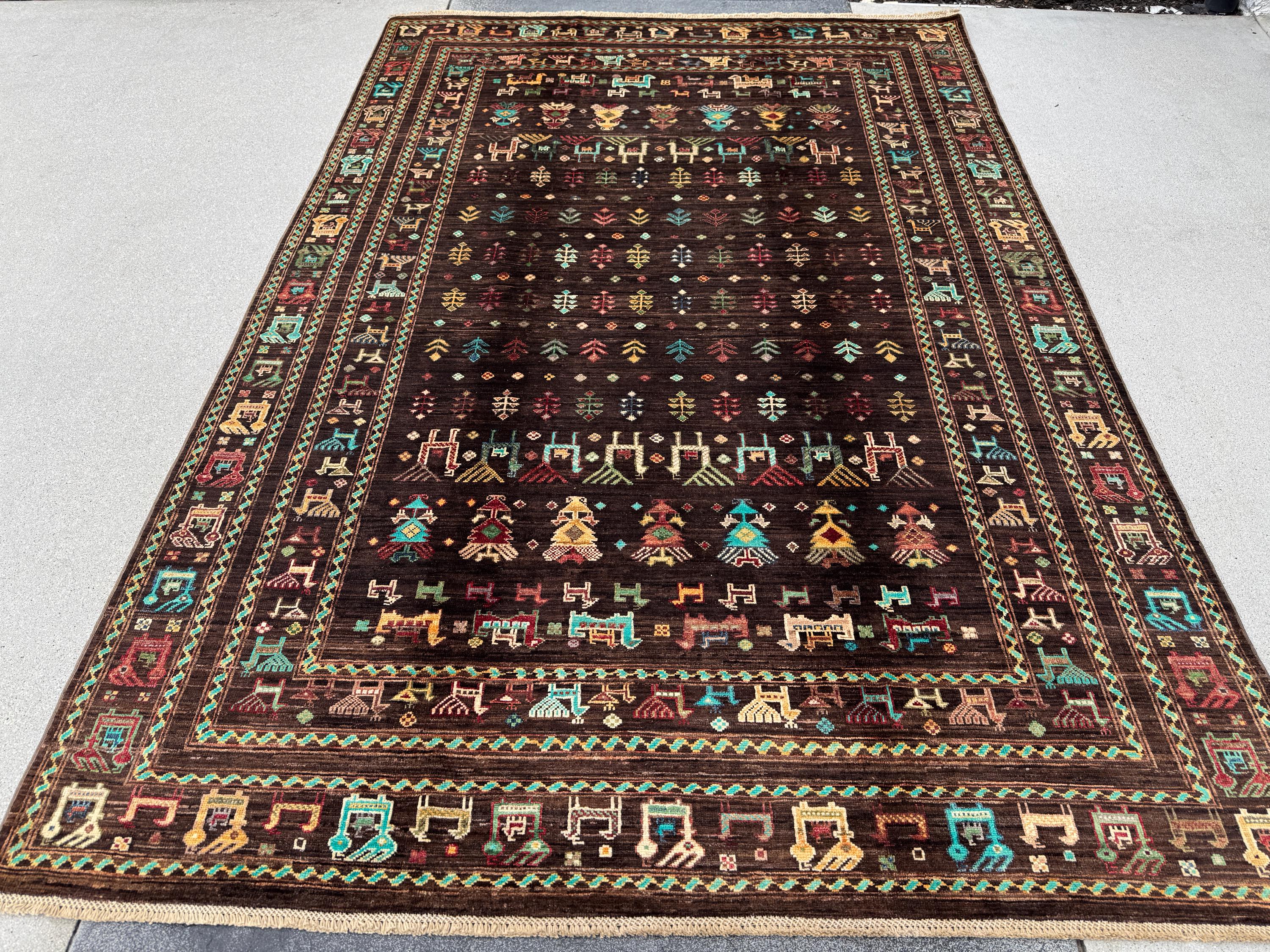 6x8 Handmade Afghan Wool Rug | Dark Brown Gabbeh Tribal Nomadic Design | Vintage Style Animals Folklore Area Rug