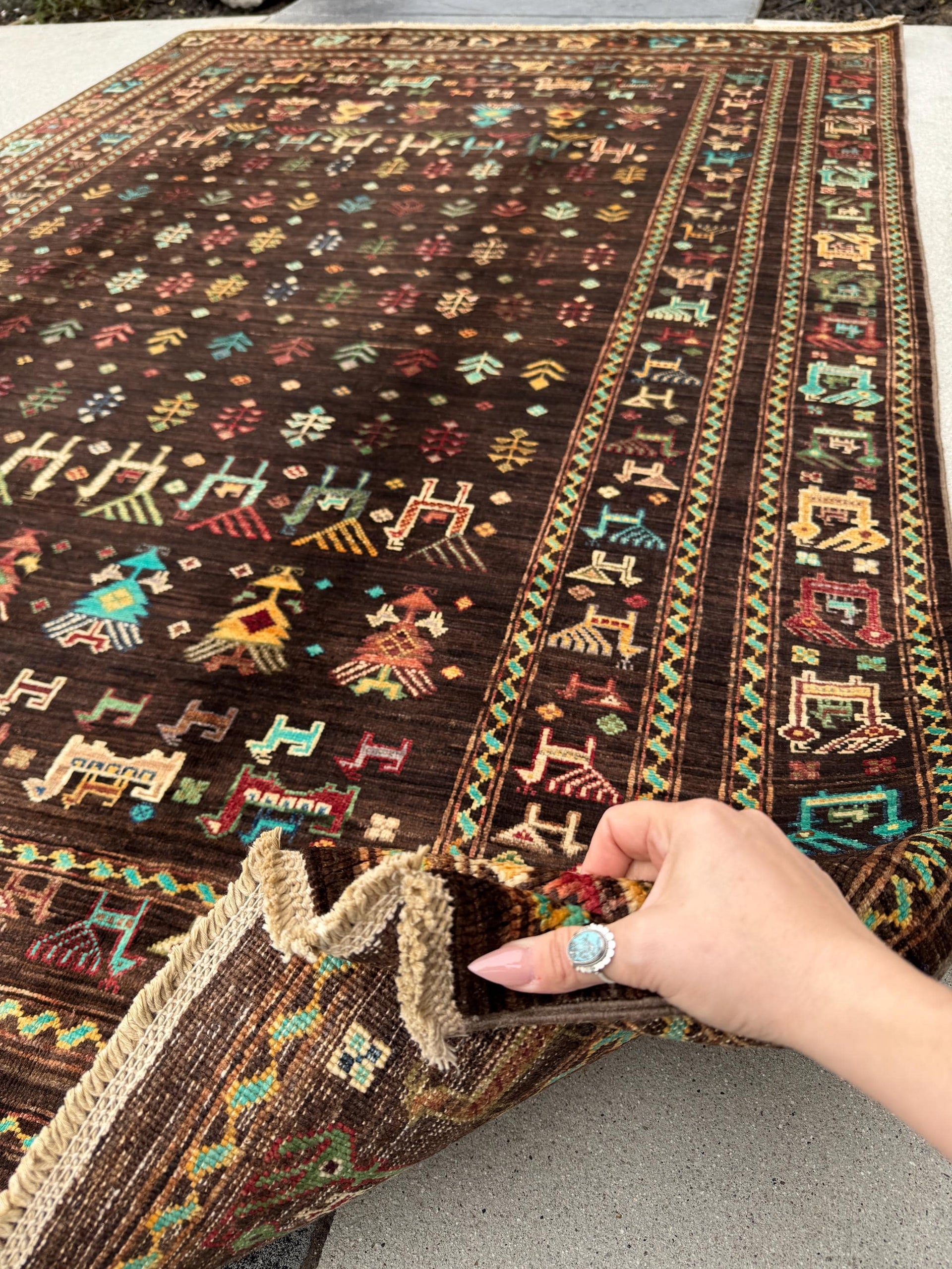 6x8 Handmade Afghan Wool Rug | Dark Brown Gabbeh Tribal Nomadic Design | Vintage Style Animals Folklore Area Rug