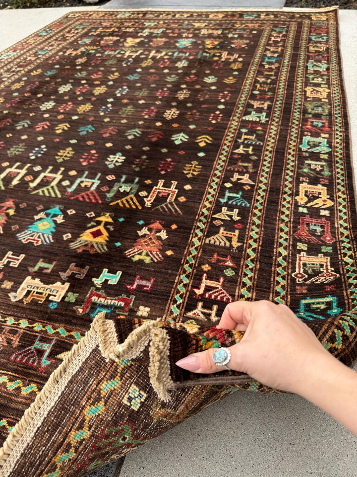 6x8 Handmade Afghan Wool Rug | Dark Brown Gabbeh Tribal Nomadic Design | Vintage Style Animals Folklore Area Rug