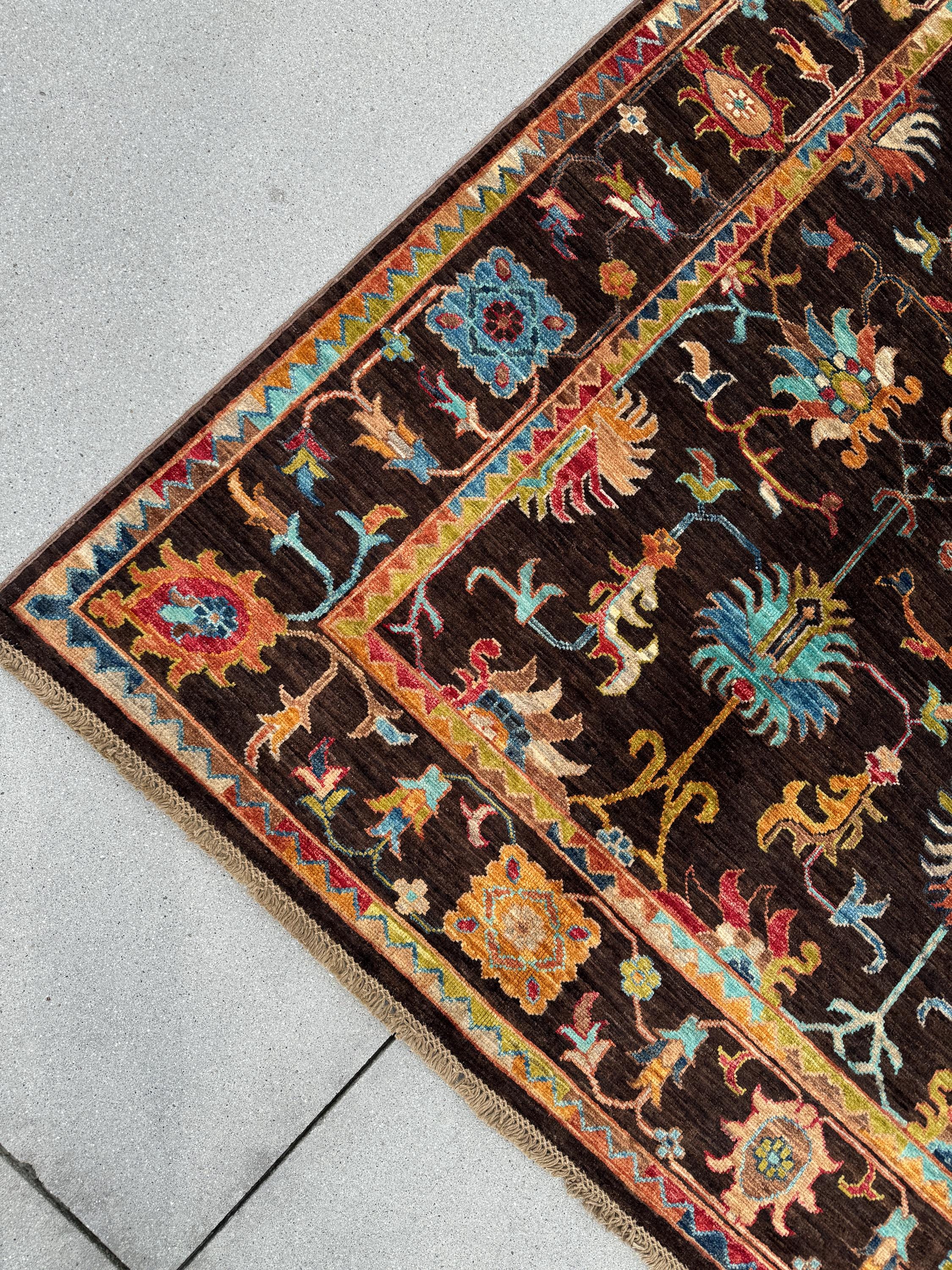 6x8 Handmade Afghan Wool Rug | Dark Brown Botanical Tribal Design | Heirloom Area Rug