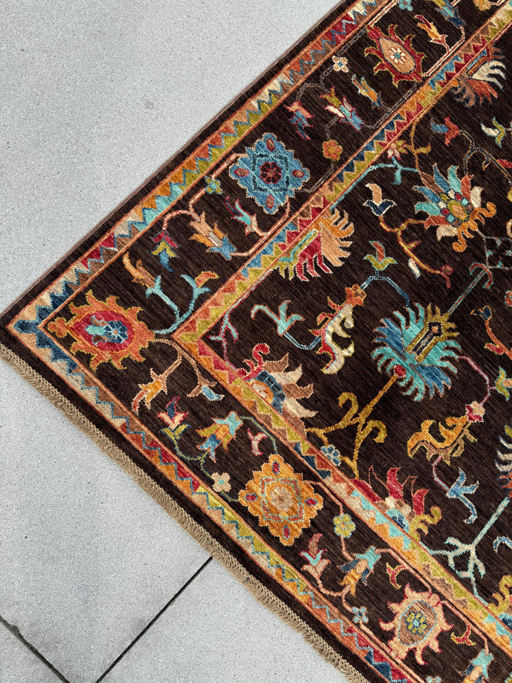 6x8 Handmade Afghan Wool Rug | Dark Brown Botanical Tribal Design | Heirloom Area Rug