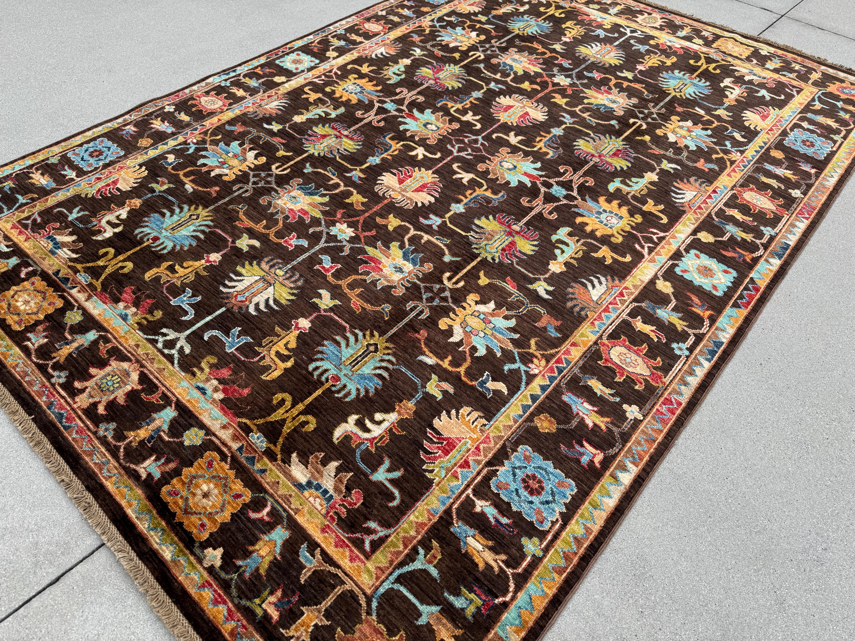 6x8 Handmade Afghan Wool Rug | Dark Brown Botanical Tribal Design | Heirloom Area Rug