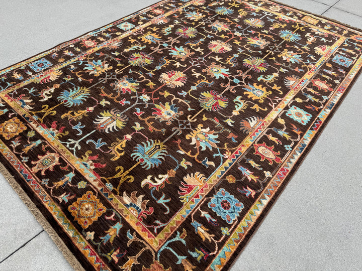 6x8 Handmade Afghan Wool Rug | Dark Brown Botanical Tribal Design | Heirloom Area Rug